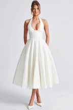 Halter V Neck Jacquard Backless Midi Dress