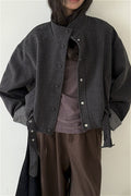 Short Cuffed Check Pieced Stand Collar Wool Coat