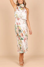Wine Country Dates Floral Halter Neck Elastic Waist Satin Maxi Dress