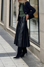 Metal buckle-embellished mid-length A-line leather skirt