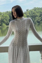 Hollow Out Mesh High Collar Slim Fit Maxi Dress