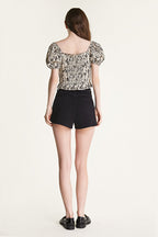 Beige Leaf Print Puff Sleeve Bow Detail Crop Top