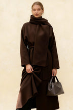 Women's Scarf Collar Woolen Belted Overcoat
