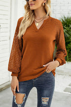 Waffle Grace Stitching Long Sleeve V-Neck T-Shirt Top Women