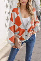V-neck Diamond Stitching Contrast Color Loose Knitted Cardigan Jacket for Women