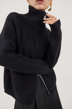 Black Solid Zipper Up Placket Cardigan