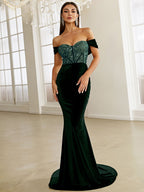 Green Velvet Evening Dress Elegant Off Shoulder Sequin Bodycon Maxi Party Dress
