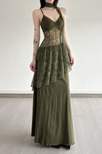Lace Trim Sheer Waist Tie Cami Maxi Lace Dress