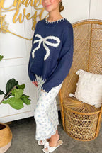 Christmas Bow Contrast Color Locked Edge Long Sleeve Knitted Sweater