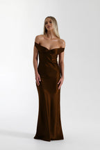 Satin Off-Shoulder Fishtail Maxi Party Dress