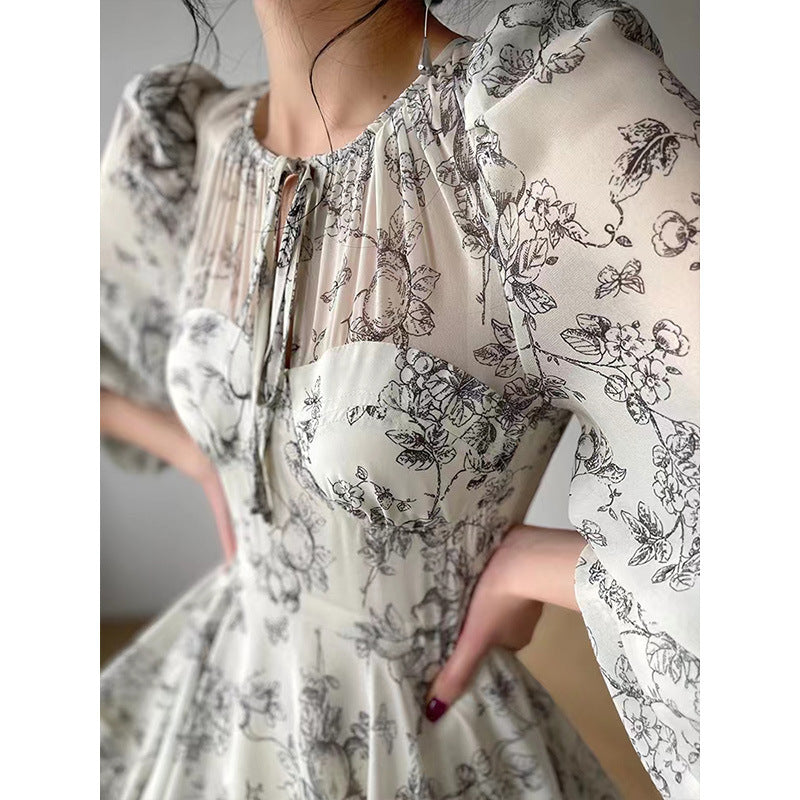 Beige Floral Print Long Sleeve Midi Dress
