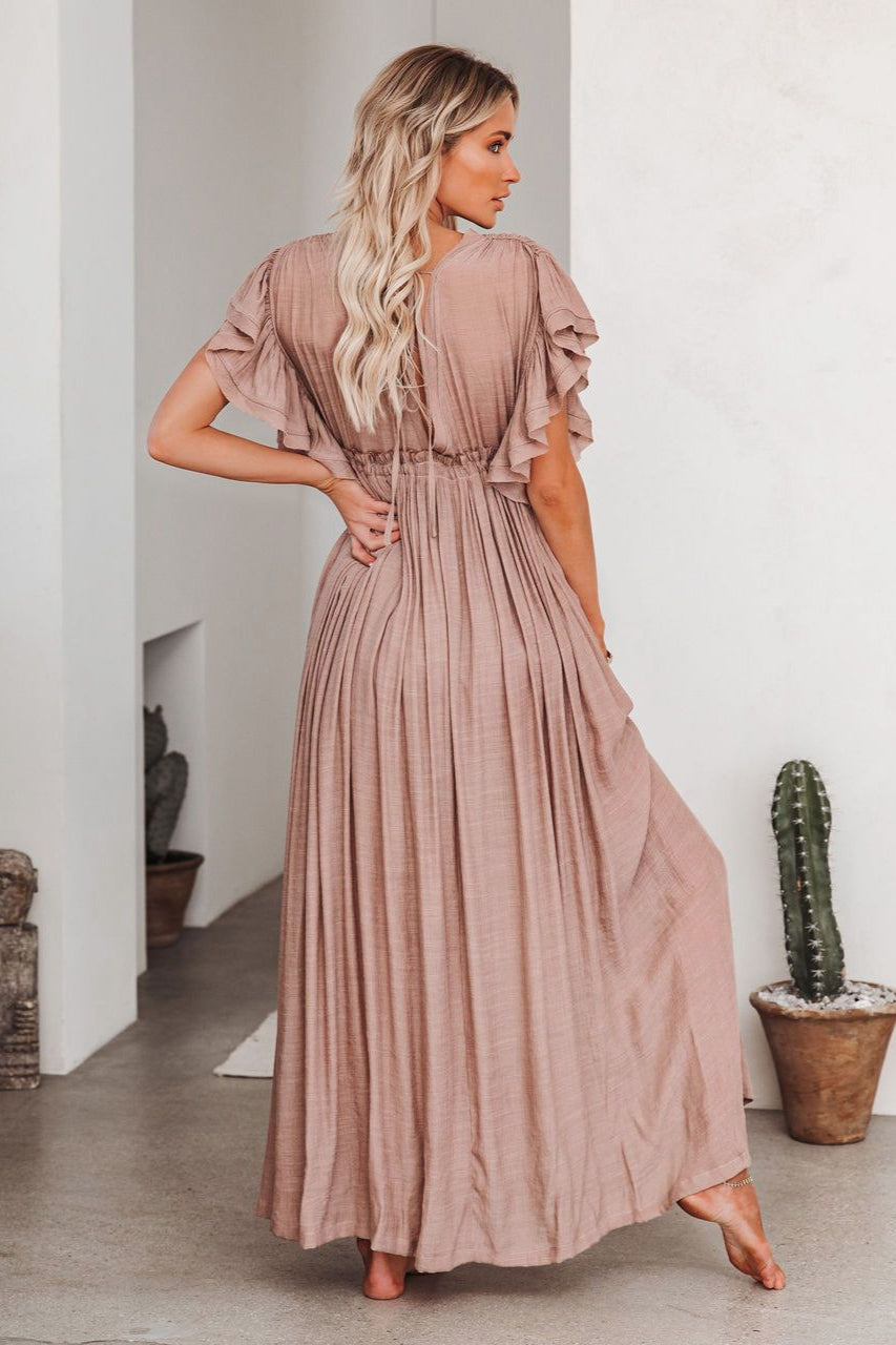 Button Front Drawstring Waist Maxi Boho Dress