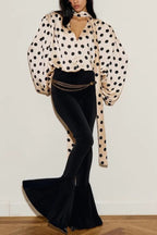 Chrissa Satin Polka Dot Print Lace Trim Tie-up Neck Balloon Sleeve Loose Blouse