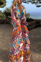 Colorful Day Unique Print Bell Sleeve Cutout Waist Layered Maxi Dress