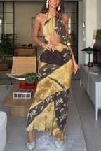 Ninah Color-block Floral Print Cutout Adjustable Halter Neck Maxi Dress