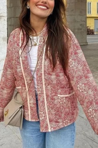 Retro Print Loose V-Neck Cardigan Cotton Jacket