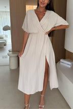 Linen Blend Solid Color V-neck Short Sleeve Waist Loose Slit Midi Dress