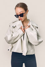 Beige Vegan Leather Pocket Detail Biker Jacket