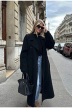 Elegant Turn-Down Collar Double-Breasted Long Overcoat