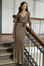 V-Neck Long Sleeve Knit Sweater Dress