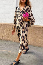 Loose V-Neck Leopard Print Balloon Sleeve Midi Dress