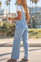 Stylish Loose Pockets Side Buttons Wide-leg Denim Jumpsuit