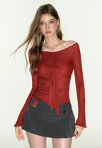 Red Long Sleeves Off-Shoulder Tie-Front Top