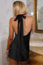 Ruched Deep V Open Back Mini Dress