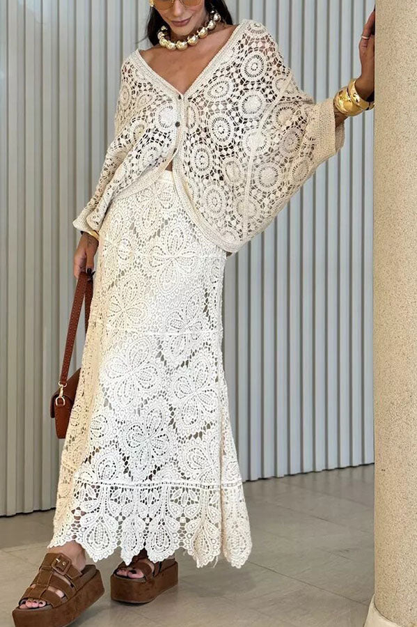 Anina Knit Crochet Cutout High Rise Elastic Waist Maxi Skirt