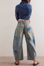 Fashionable Printed Casual Loose Mid-rise Pocket Leg Jeans