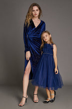 Kids Girls Midnight Blue Strapless Ruffled Pearl-Embellished Tulle Maxi Party Dress