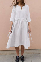 Lace-up V-neck cotton linen mid-sleeve dress