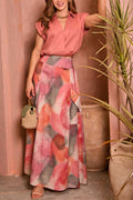Laylin Wide Sleeve Shirt and Watercolor Print High Waist Drape Pocket Maxi Skirt Set
