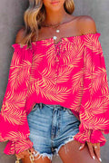 Off Shoulder Long Sleeve Printed Pullover Top