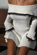 Lace-Trimmed Knit Off-Shoulder Mini Sweater Dress