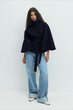 High Neck Button Detail Batwing Sleeve Coat