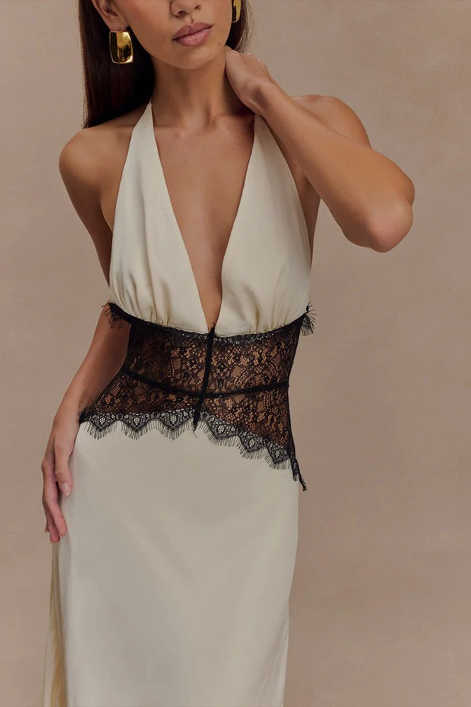 Deep V HighWaist Halter Backless Midi Silk Dress