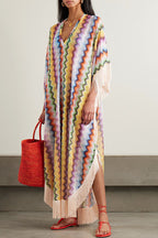 Mezcal Knit Colorful Zigzag Pattern Tassle Trim Loose Kaftan Maxi Dress