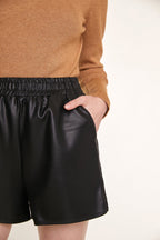 Black Elastic Waist Vegan Leather Shorts