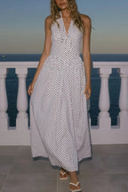 Polka Dot Print Halter Neck Fitted Waist Holiday Maxi Dress