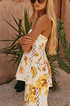 Lorde Linen Blend Floral Print Cutout Trim A-line Tank and High Rise Pocket Wide Leg Pants Set