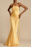Asymmetrical Shoulder Slim Satin Party Dress