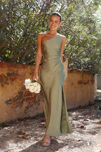 Satin Asymmetrical Shoulder High Slit Slim Fit Elegant Prom Dress