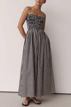 Striped Print Spaghetti Strap Pleated Pocket Casual Vacation Maxi Dress