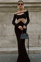 Slim Hollow Long-Sleeve Sexy Temperament Maxi Dress