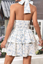 Double Layer Ruffle Strap Backless Mini Floral Dress