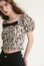 Beige Leaf Print Puff Sleeve Bow Detail Crop Top