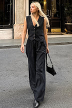 High Waist Striped V Neck Two Piece Vest Pants Set