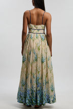 Shari Linen Blend Floral Print Colorblock Strappy Pocket Maxi Dress
