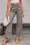 High-Waisted Light Grey Leopard Print Wide-Leg Cropped Jeans